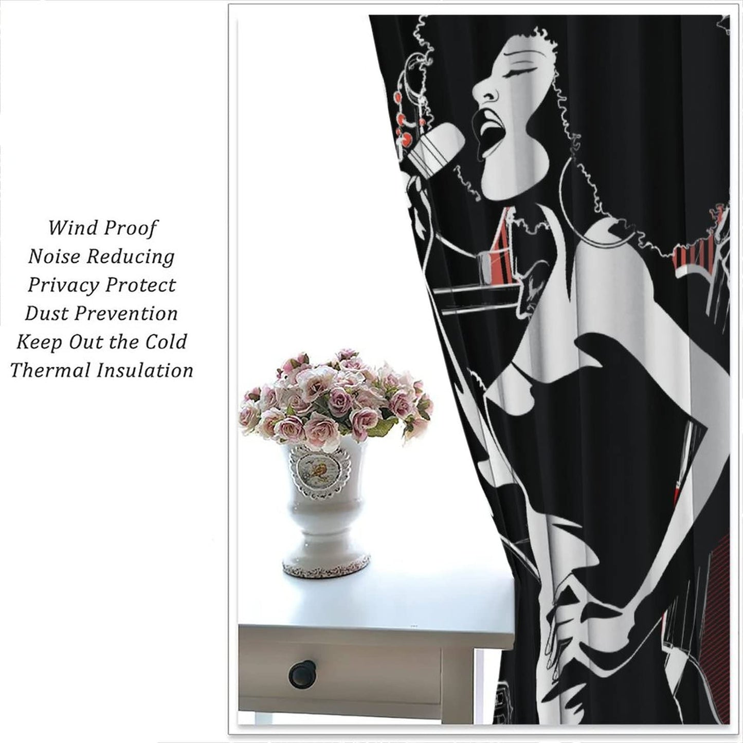 Modern Abstract African American Curtains, Jazz Band Afro Black Woman Singer Performer Silhouette, Thermal Insulation Blackout Window Treatments Rod Pocket for Living Room Bedroom Bathroom 42x45in