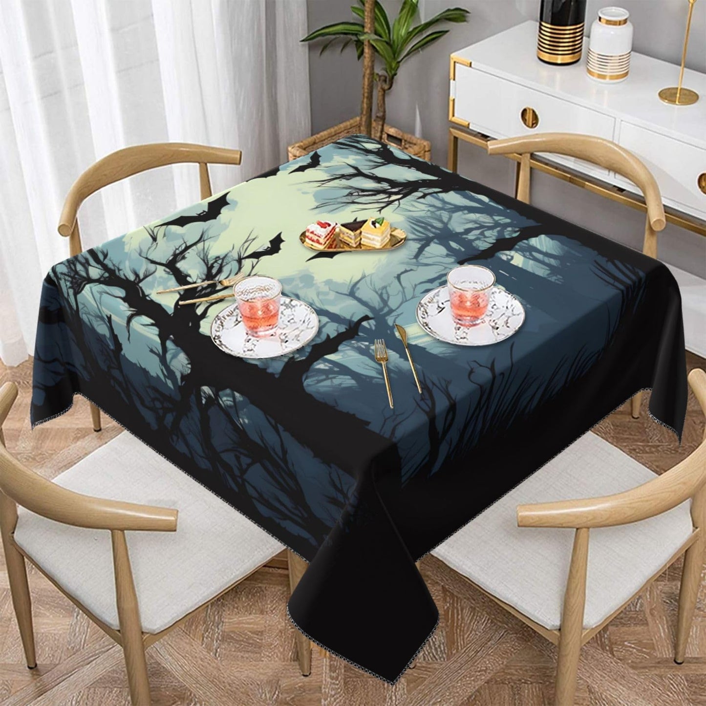 Entemne Square Table Cloth 55x55 Inch Halloween Moon Forest Tree Bats Tablecloth Washable Soft Wrinkle Free Dust Proof Card Table Cover for Tea Party Picnic Kitchen Dining Decor
