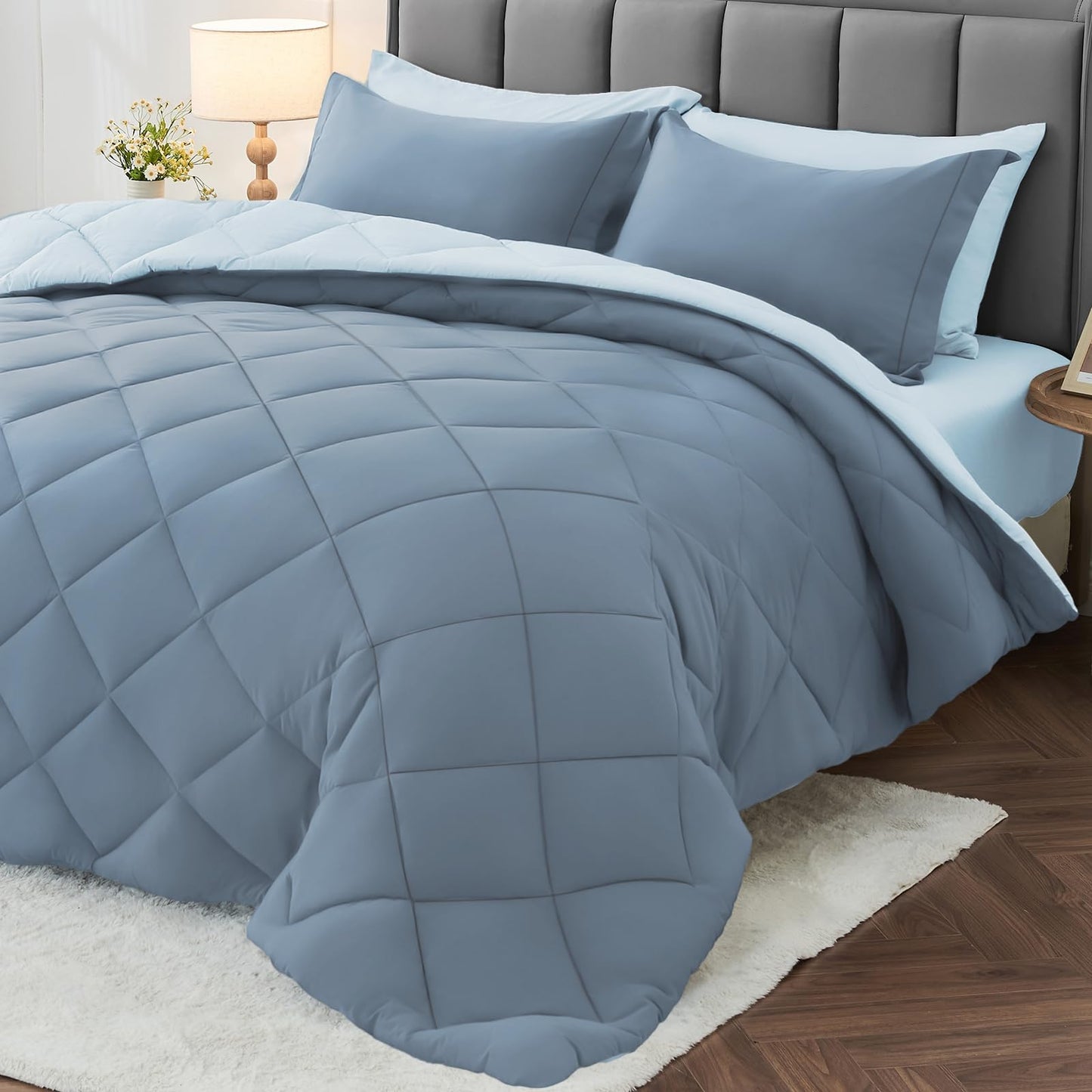 MUXHOMO 7 Pieces California King Comforter Set, Reversible Bed in a Bag Cal King Size, All Season Bedding Set with Comforter, Flat Sheet, Fitted Sheet, Pillowcases & Shams, Mineral Blue & Light Blue