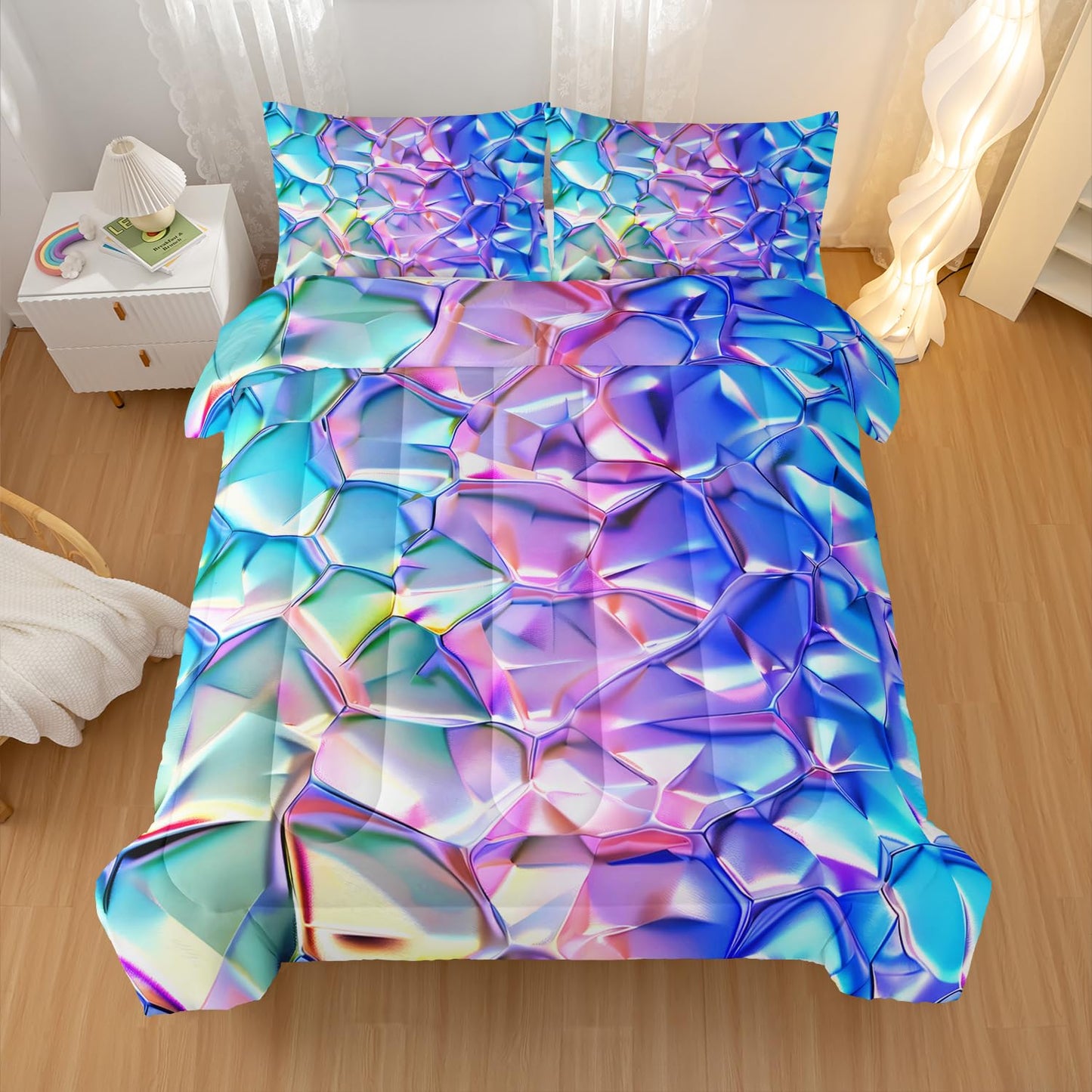 Nttopship Purple and Blue Abstract Art Comforter Modern Abstract Comforter Set,Laser Gradient Bedding Set Full Size,Mordern Art Decor All Season Lightweight Soft Microfiber with 2 Pillow Shams