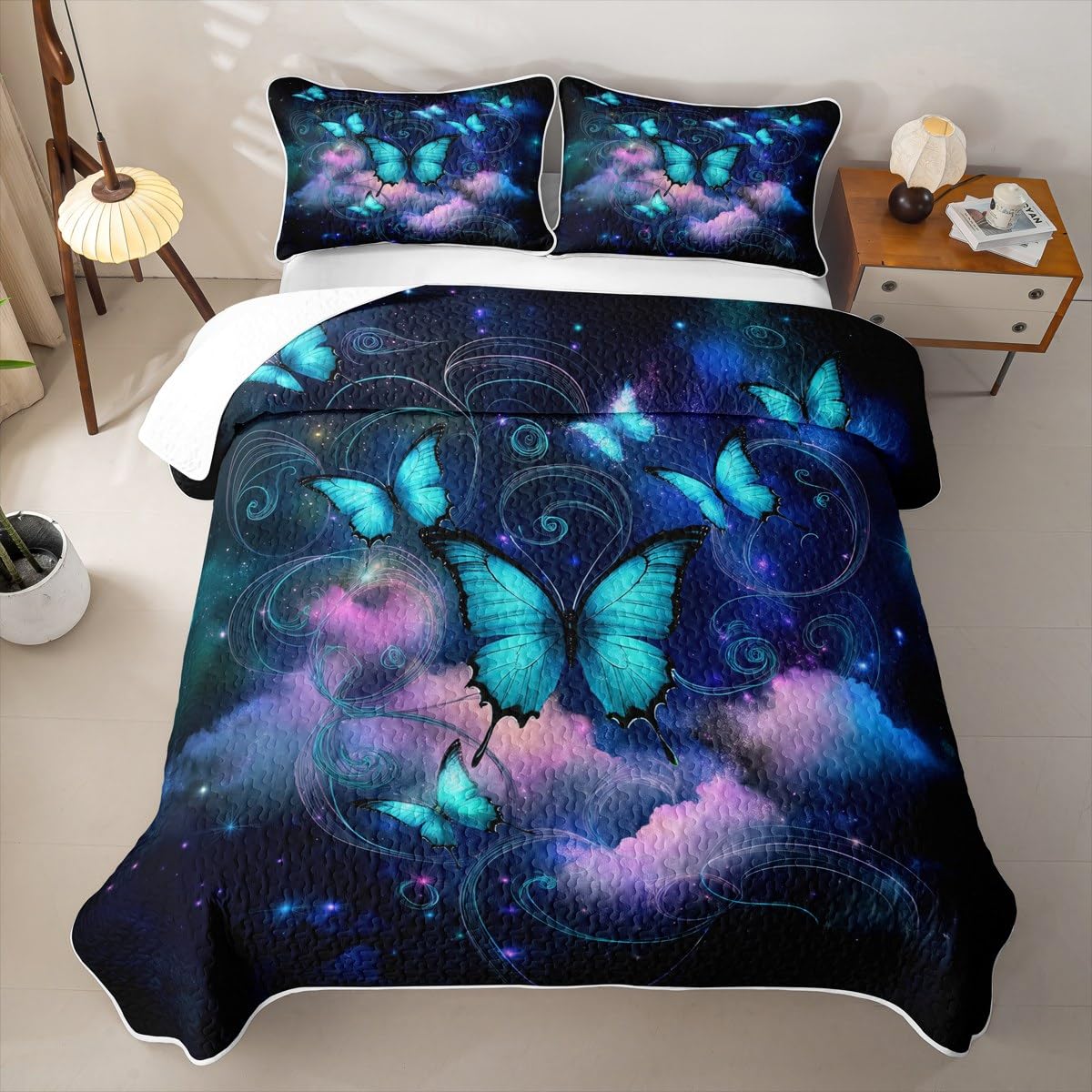 Erosebridal Butterfly Quilt Full Rustic Flower Quilt Set Galaxy Quilted Bedspread with 2 Pillowcases Retro Vintage Romantic Style Bedding Coverlet