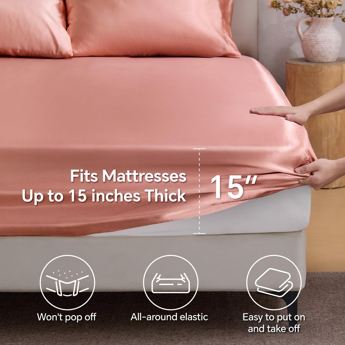 BEDELITE Satin Fitted Sheet Queen with Elastic Corner Straps, Luxury Soft Silk-Like Bed Sheet for Hair & Skin, 1 Deep Pocket Fitted Sheet Only Fits 15" Mattress, Fade & Wrinkle Resistant, Rose Pink