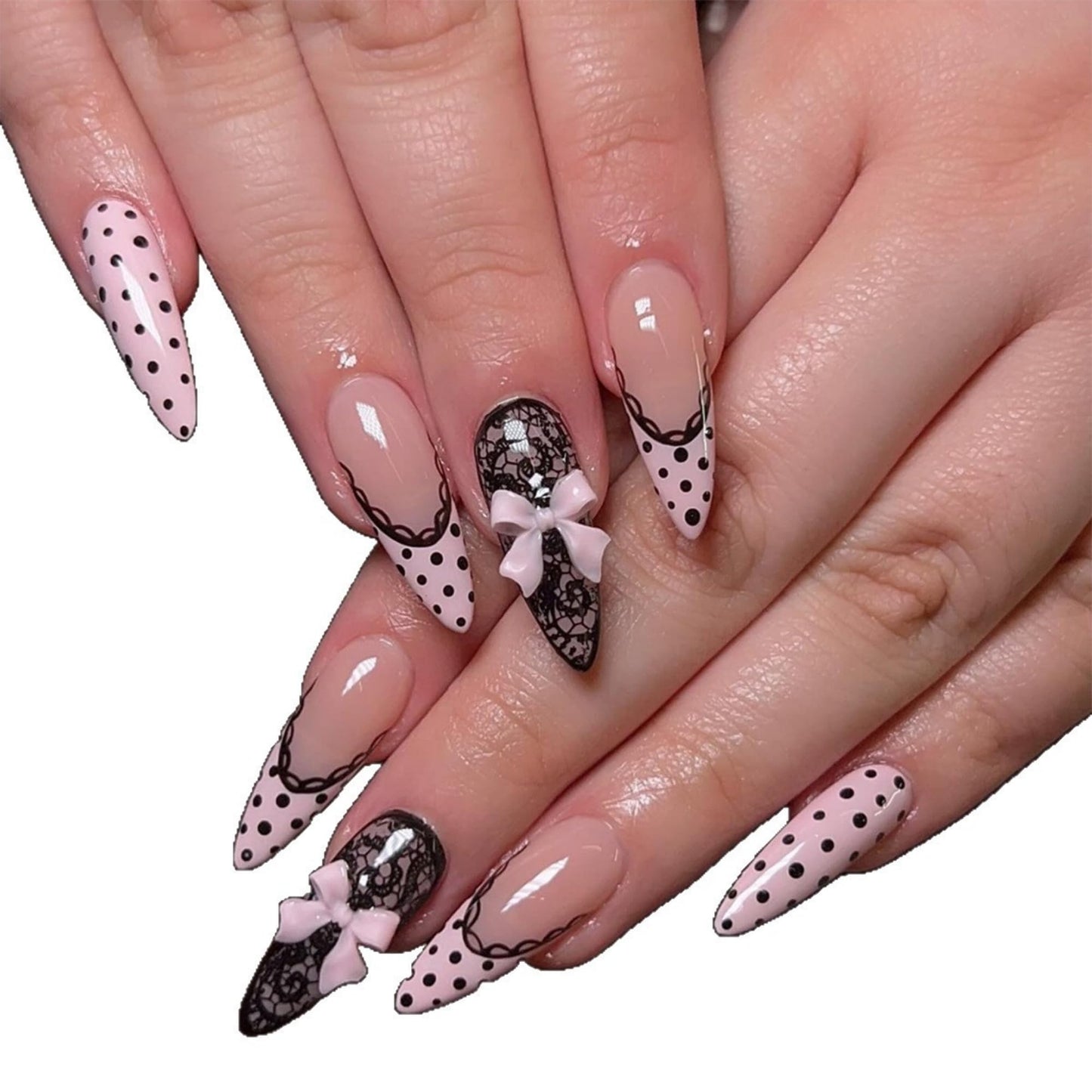octoswave Long Stiletto Press on Nails Pink Black Polka Dot Lace Design 3D Bow Charms French Tip False Nails for Party Prom Women Girls 24Pcs