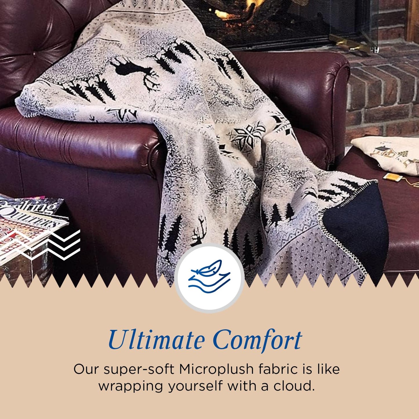 Denali Ultimate Comfort Rustic Throw Blanket w/Lightweight Microplush Acrylic, Super-Soft Fabric, American Made Hand-Stitched, Washable & Dryable - Black Forest Friends Design (60x70)