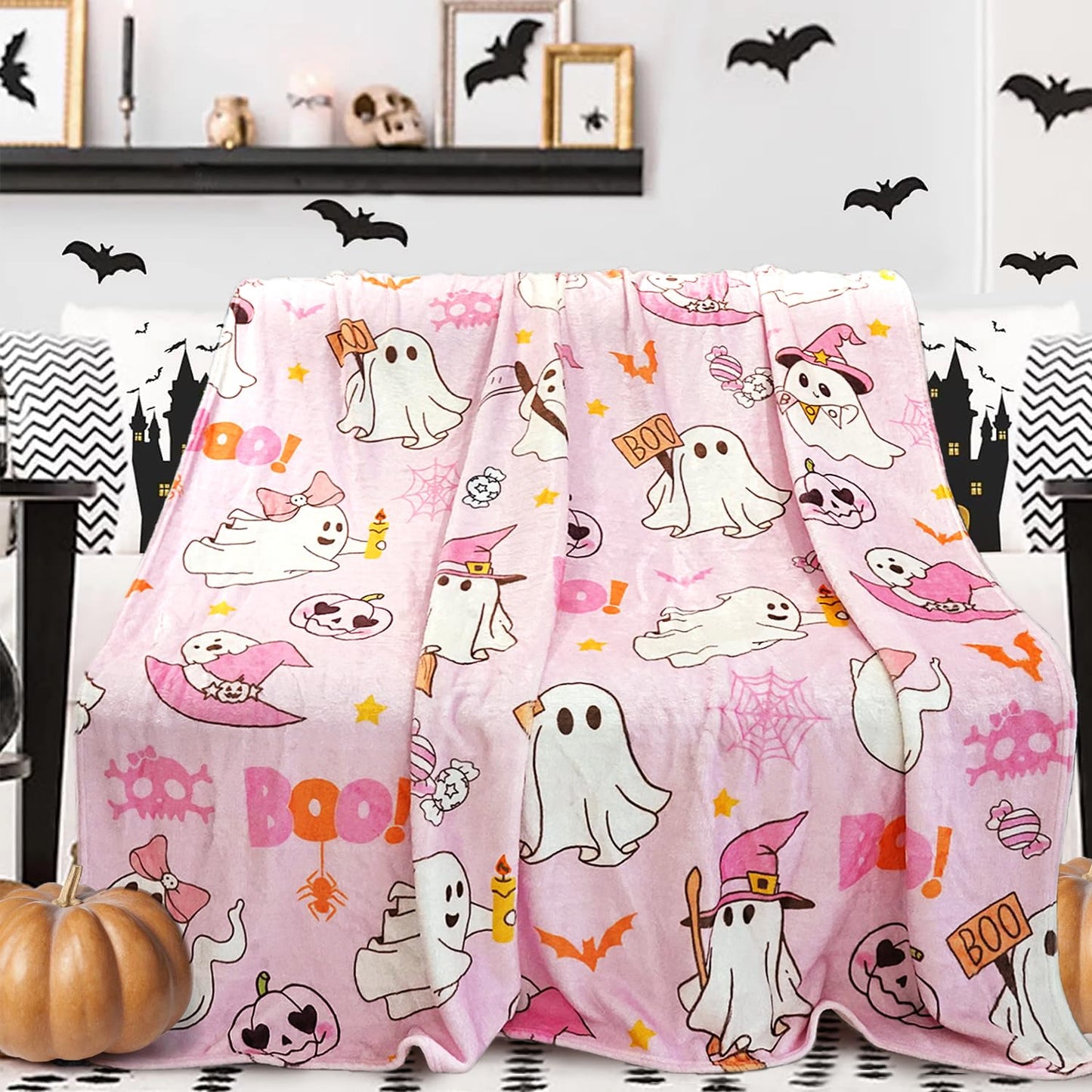 UIMCHWP Pink Ghost Boo Blanket - Fun and Cute Flannel Soft Warm Blanket for Sofas and Chairs - 50x60 Inch