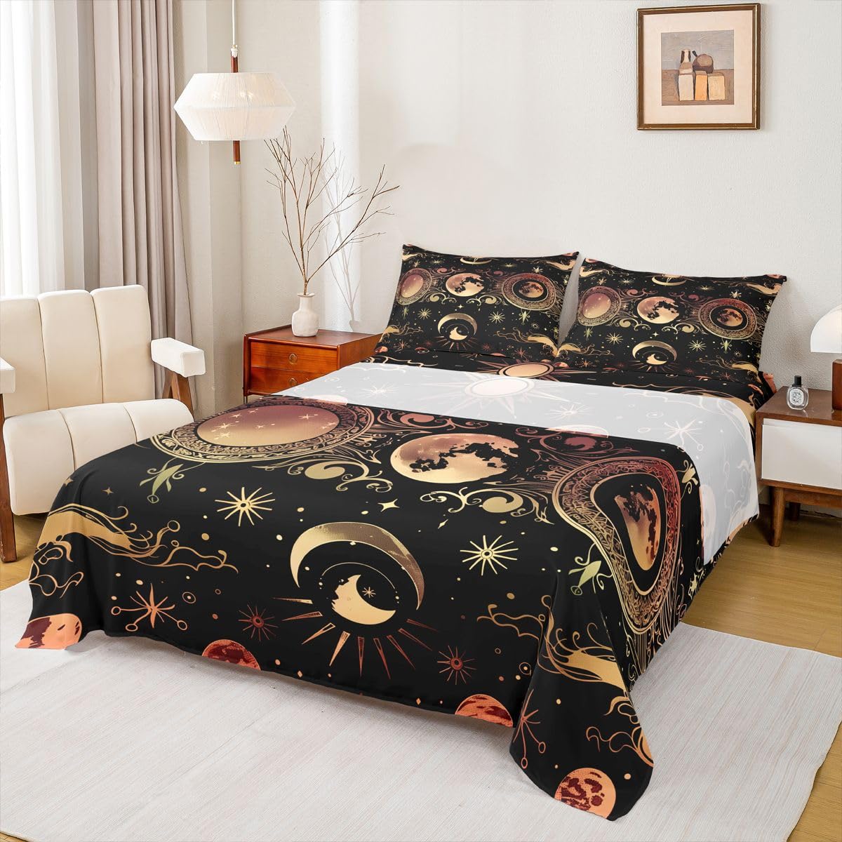 jejeloiu Sun Moon Bed Sheets Set Twin Size Bohemian Deep Pocket Fitted Sheet Galaxy Bedding Sets Boho Exotic Soft Bed Set 3Pcs with 1 Pillow Cases