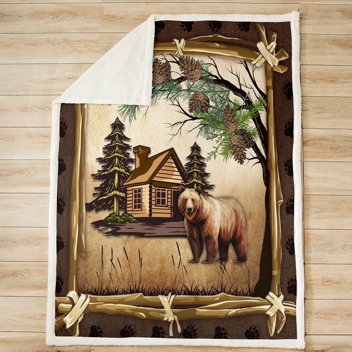 Castle Fairy Brown Bear Throw Blanket,Rustic Cabin House Blankets for Kids Boys Girls Men Room Decor,Wild Animals Fleece Blanket,Pine Tree Bear Paw Print Sherpa Blanket,for Chair/Sofa,50"×60"