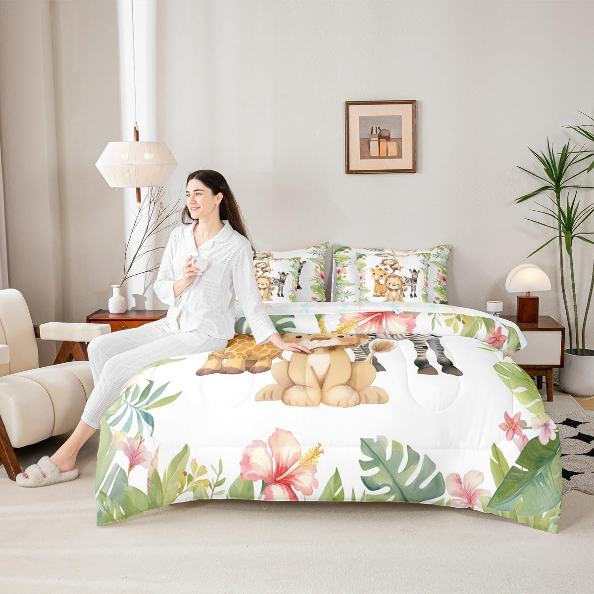 Erosebridal Lovely Cartoon Animal Twin Size Comforter Set with Sheets Teens - Cute Giraffe Lion 7-Piece Bedding Set Palm Leaves Pink Flowers Bed in a Bag Nursery Jungle Zebra Monkey Bed Quilt Sets