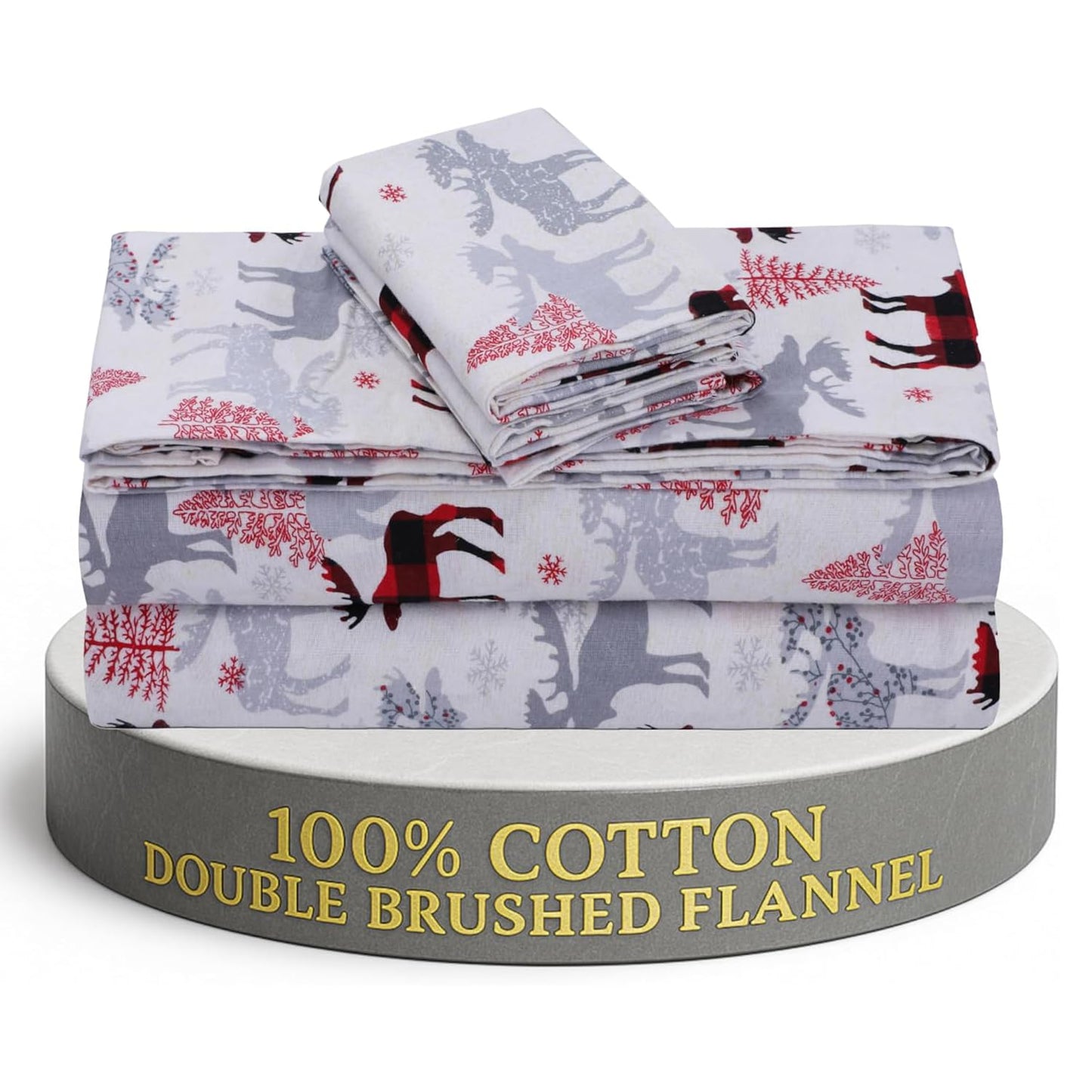 Feather & Stitch 100% Cotton Flannel Queen Sheet Set, 4 Piece Brushed Cotton Flannelette Flat Sheet, Winter Fitted Sheet, Heavy Weight Bedding, 16" Deep Pocket, 2 Pillow Cases (Red Deer)