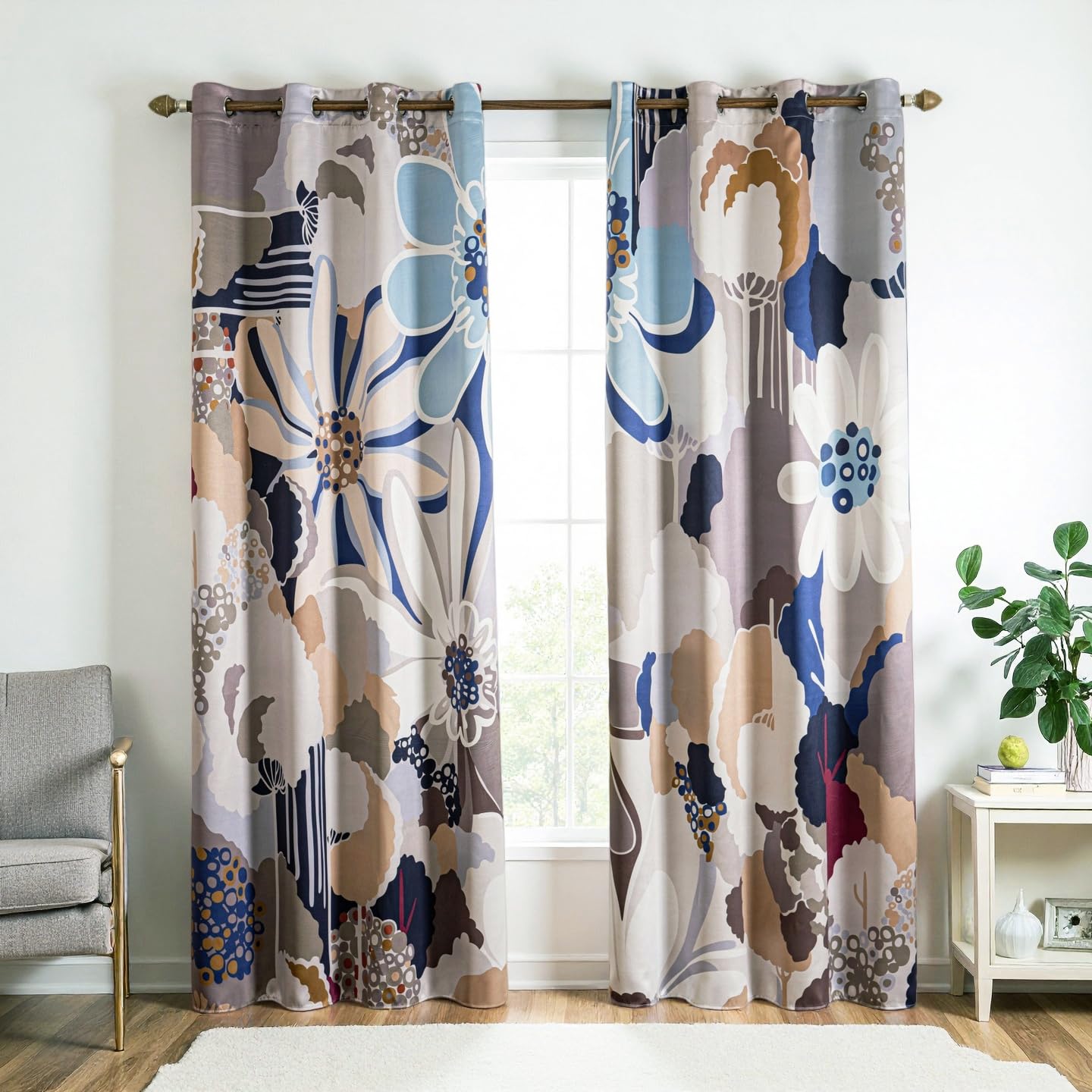 100% Blackout Curtains for Bedroom 84 inch Long 2 Panels Set Grommet Gray Blue Abstract Geometric Floral Patterned Black Out Curtains Room Darkening Window Drapes Treatment for Living Room, 52Wx84L