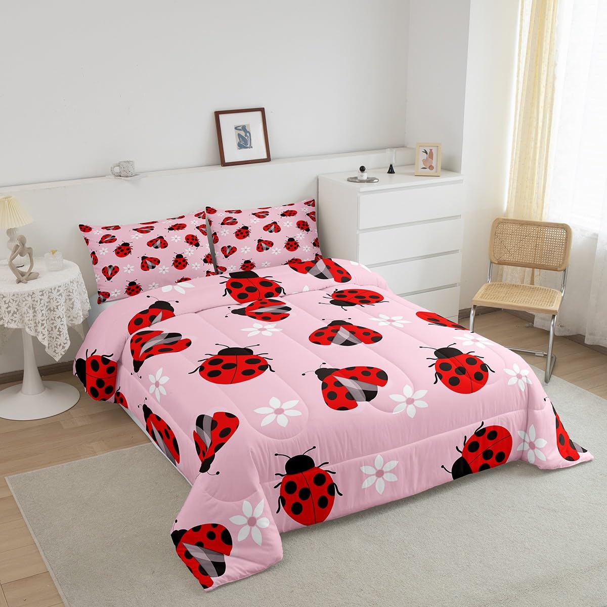 Feelyou Ladybug Comforter Set Ladybug Gifts for Girls Boys Cute Bug Comforter Queen Size Garden Farmhouse Animal Bedding Set Pink Duvet Set Quilt Set 3Pcs