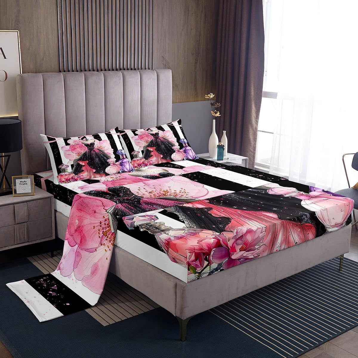 Erosebridal Girly Modern Fashion King Bed Sheets | Girls Women Coquette Dress Sheets Black and White Striped Flat Fitted Sheet Cute Coquette Bow Bed Sets