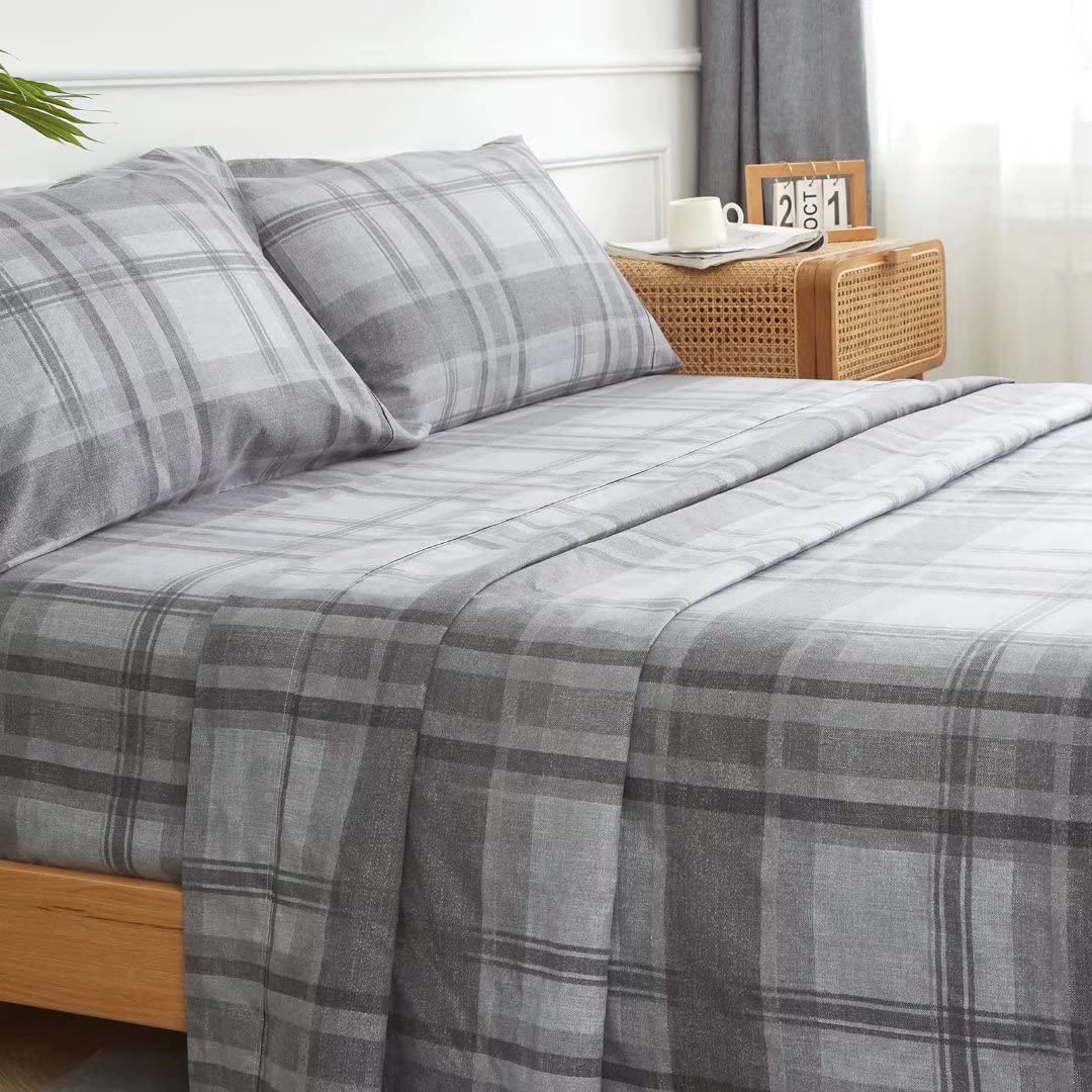 KACEMOO California King Size Bed Sheets Set 4PC - Soft Cooling 1800 Thread Microfiber Count Printed Sheet, 8-17 Inch Deep Pocket Breathes Better, Hypoallergenic, Grey Plaid Patterned Double Bedding