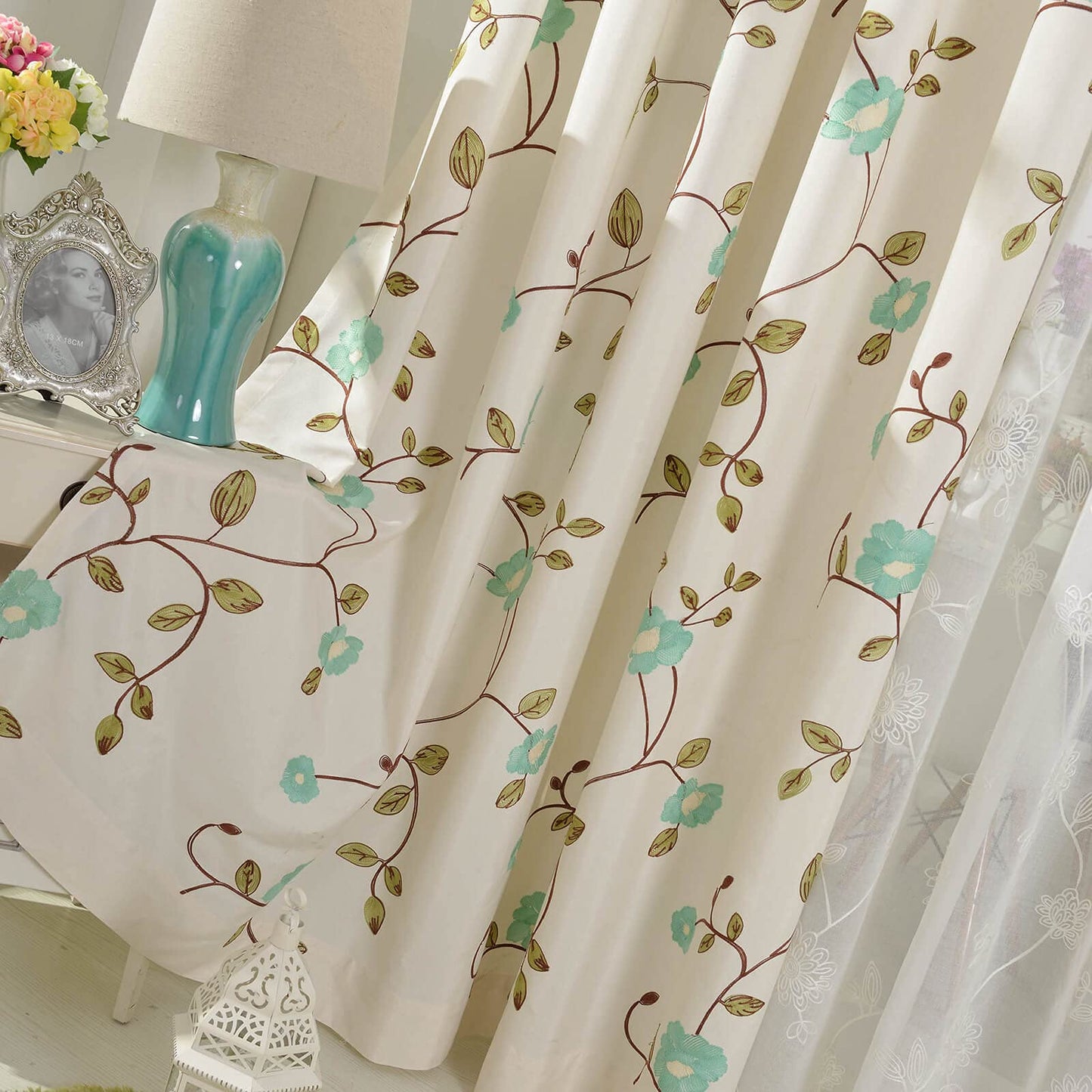 VOGOL White Linen Curtains 63 inch Length Blue Floral Embroidered Grommet Window Panels for Bedroom, W52xL63, 2-Panel Pack