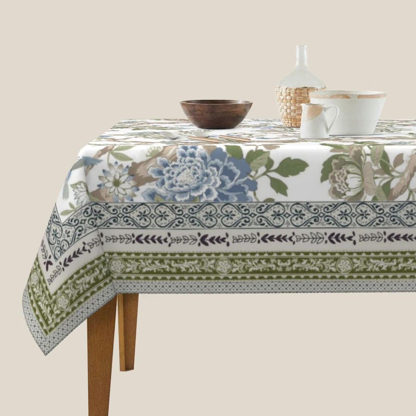 Jecuwo Spring Chinoiserie Floral Square Tablecloth 54 Inch Bird Tree Flower Pattern Table Cover Sage Green Blue Branch Washable Decoration Tablecloth Indoor and Outdoor Dining Table Home Party Decor
