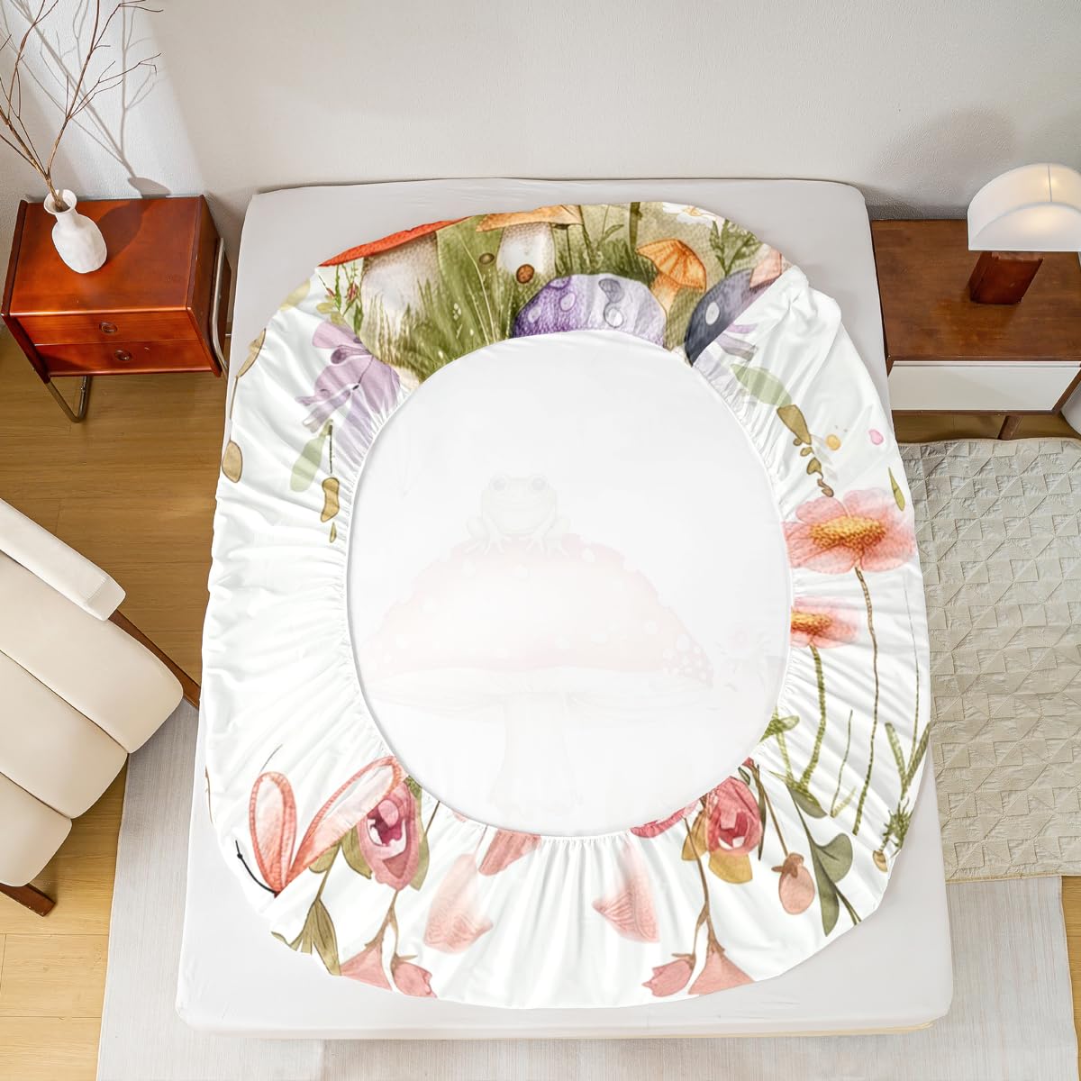 Erosebridal Fairy Garden Twin Bedding Set - Mushroom & Frog Fitted Sheet for Kids Girls, Butterfly Floral Forest Themed Bottom Sheets Only | Whimsical Fairies Bed Set 2 Piece Room Decor