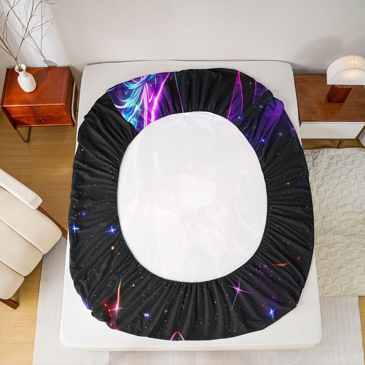 Erosebridal Cute Bunny Girls Twin Bed Sheets Japanese Anime Girl Fitted Sheet,Cartoon 3D Kids Bedding Sets Magical Neon Stars Sheets with 1 Pillowcase
