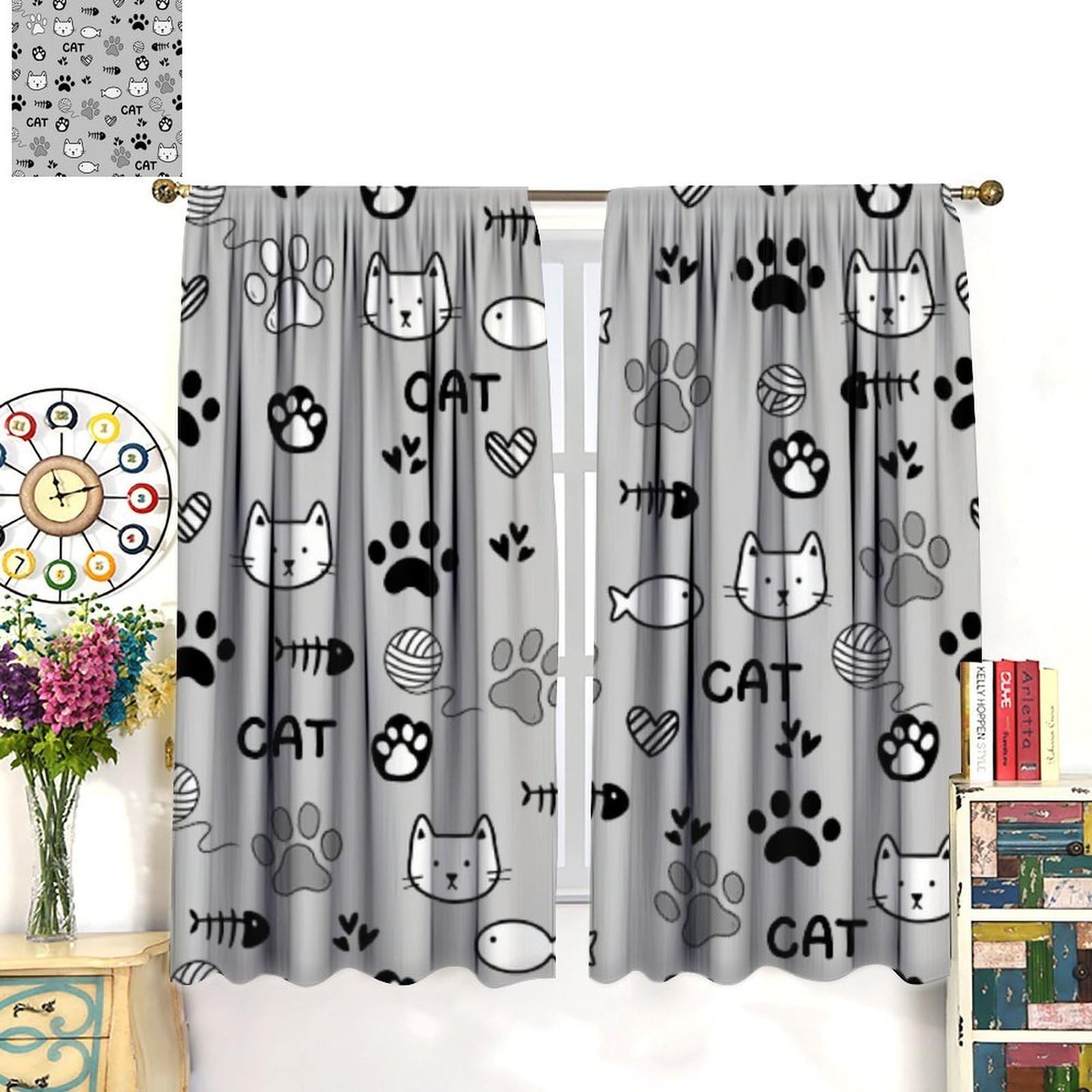 DDCBNS Cartoon Cats Blackout Curtains for Kids,Gray and White Cute Animals Window Treatments for Boys Girls Nursery Bedroom Living Room Décor,2 Panels Set,Total Size 42 x 45 Inch