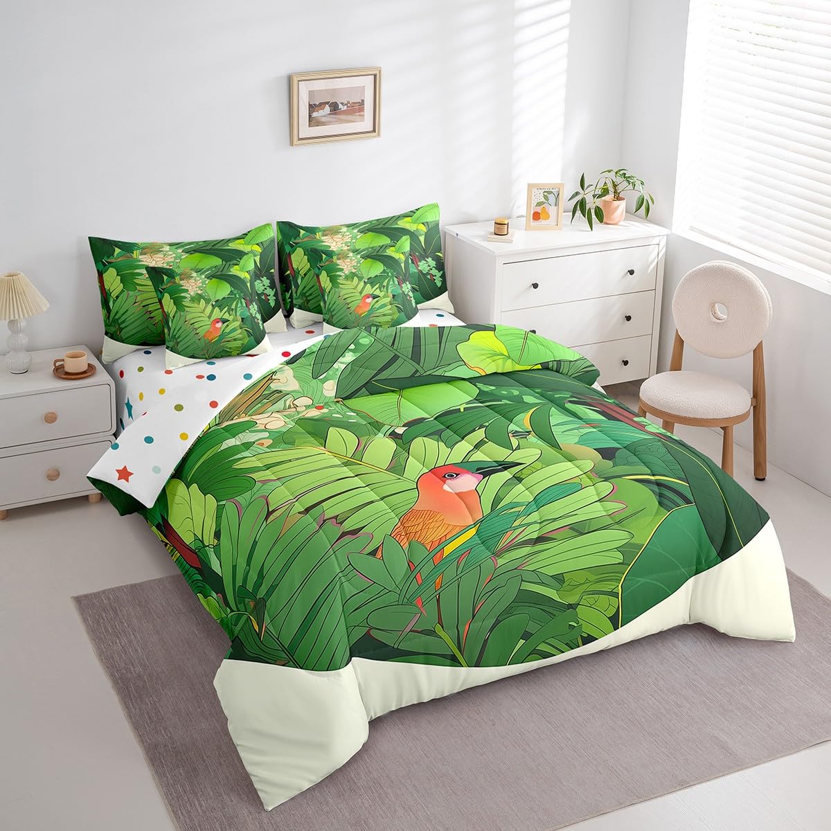 Erosebridal Palm Leaf Bedding Set King Size, Funny Toucan Hawaiian Summer Comforter Set, Tropical Plant Kids Teens (Comforter+Fitted+Flat Sheet+2 Pillowcases+2 Throw Pillow Covers) 7 Pieces Bed Set