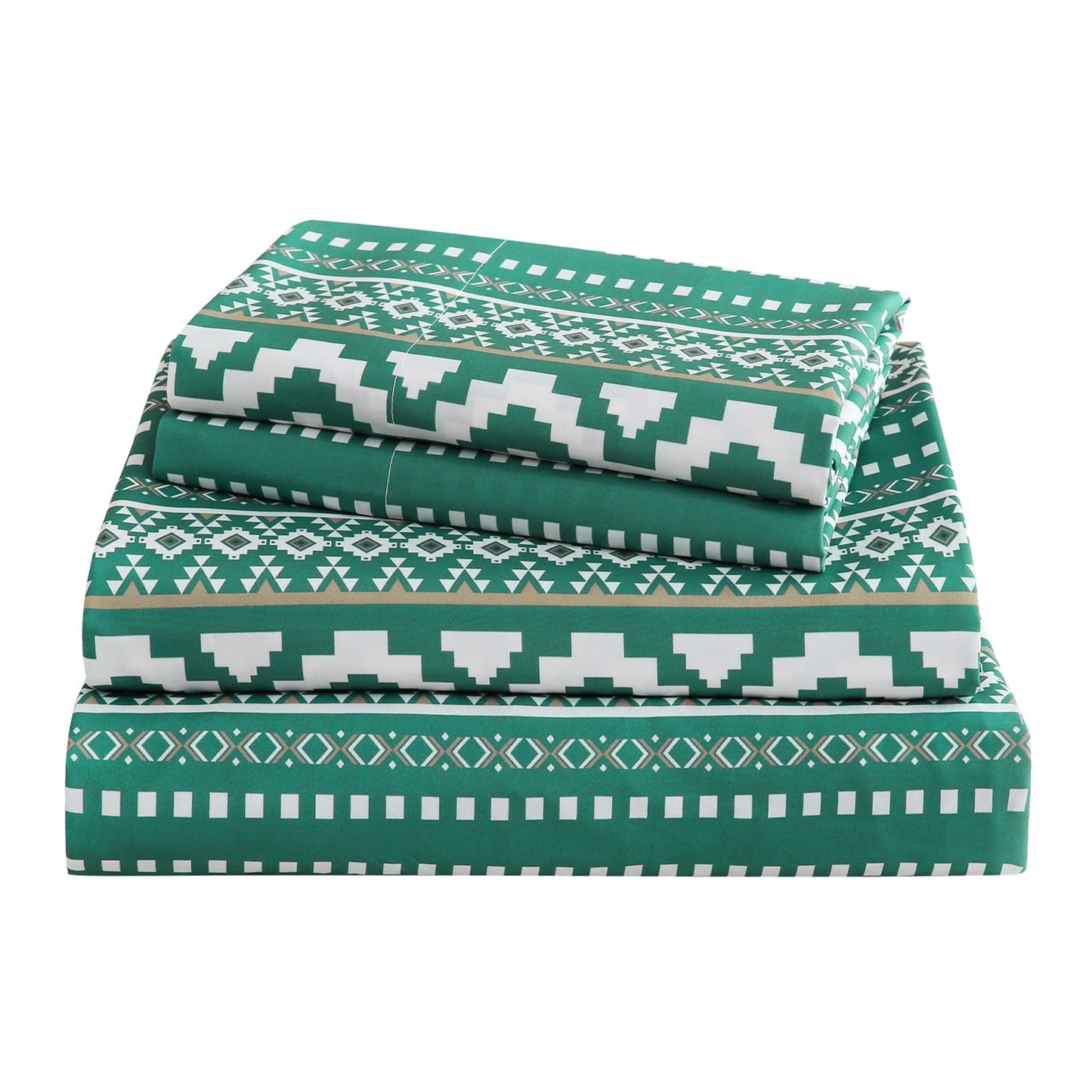 CozySmile 4 Pieces Queen Sheet Set Bohemian, Boho Sheets Soft Microfiber Deep Pocket, Western Sheets Geometric(Queen, Emerald Green)