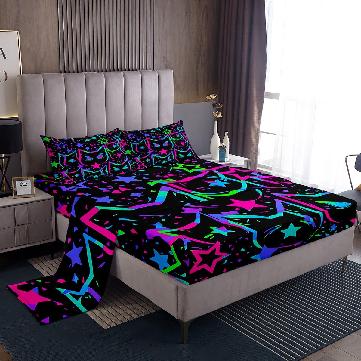 Erosebridal Cartoon Cat Sheet Set, Black Cat Bed Sheets Set for Kids Girls Boys Teens, Ombre Glowing Neon Stars Sheets, Kawaii Kitten Flat Fitted Sheet, Gradient Galaxy Bed Set All Season, Full 4Pcs