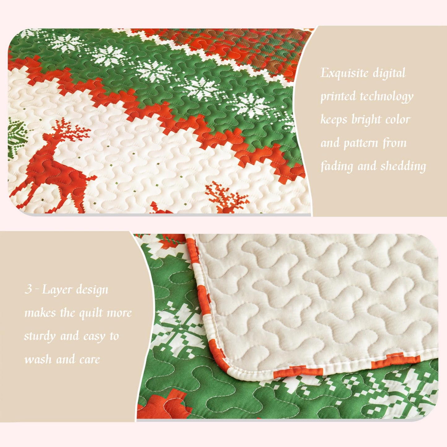 Whale Flotilla Christmas Quilt King Size, Soft Boho Floral Bedspreads for Bed Reversible Lightweight King Quilt Bedding Set Coverlets with 2 Pillow Shams for All Seasons, Happy Snowflake