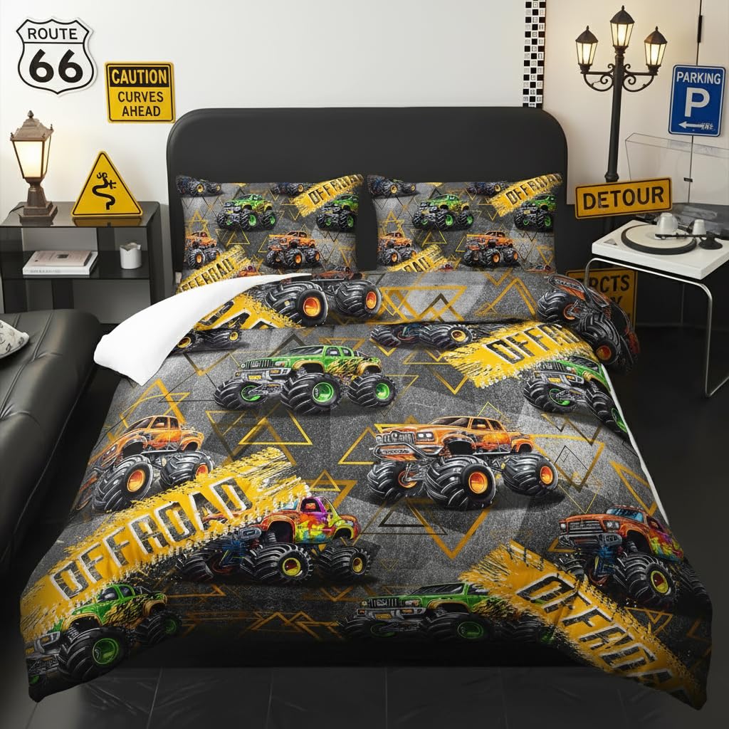 lneffble Full Size Monster Truck Comforter Sets for Boys，Monster Truck Full Size Bedding Sets Boys，with 1 Comforter with 2 Pillow Case，Kids Monster Truck Themed Bedroom Decor