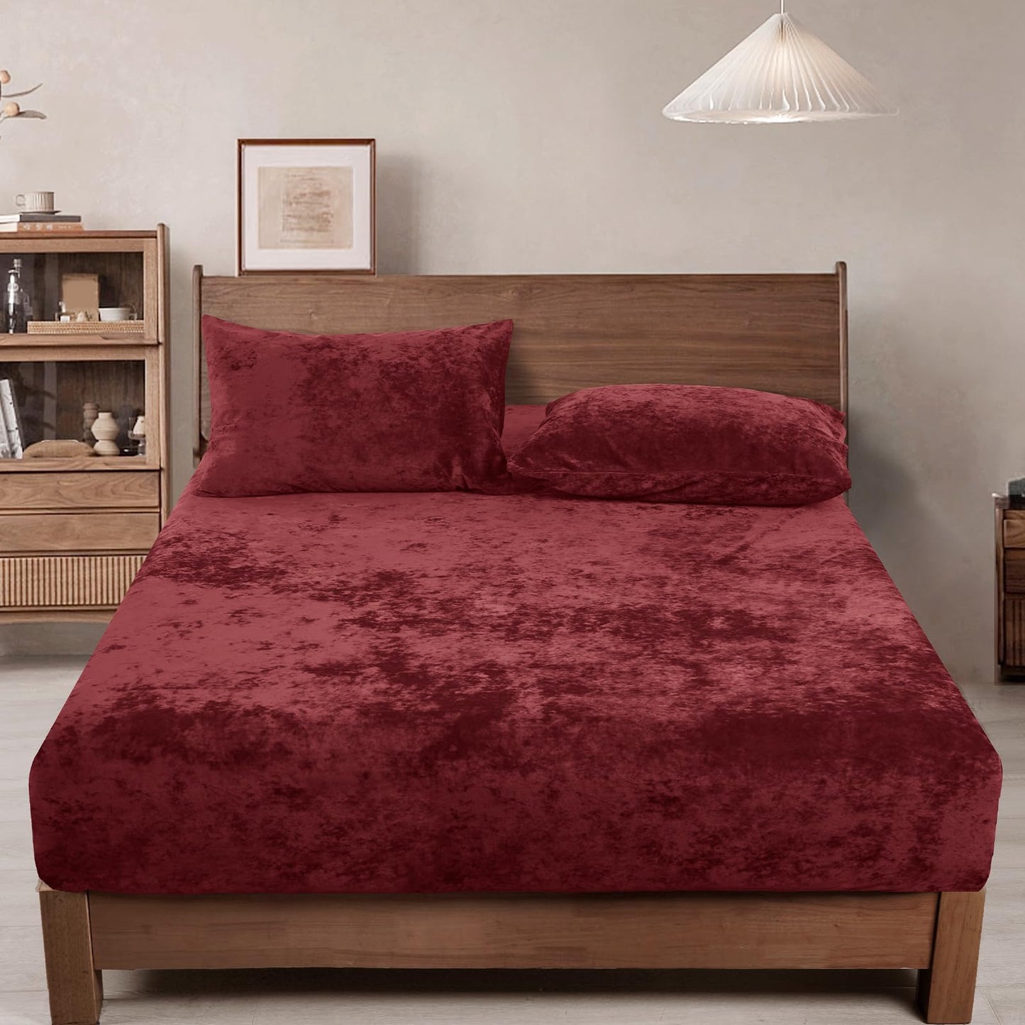 PHF Truly Velvet Fitted Sheet Only Full Size, Luxury Super Soft Cozy Fuzzy Flannel Bottom Sheet, Deep Pocket Up to 16",Strenghth Elastic Band, Suitable for Fall Winter Spring, No Pillowcases, Wine Red
