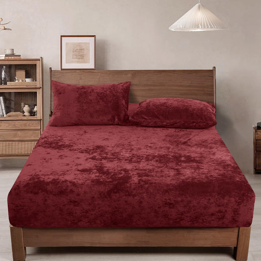 PHF Truly Velvet Fitted Sheet Only Full Size, Luxury Super Soft Cozy Fuzzy Flannel Bottom Sheet, Deep Pocket Up to 16",Strenghth Elastic Band, Suitable for Fall Winter Spring, No Pillowcases, Wine Red