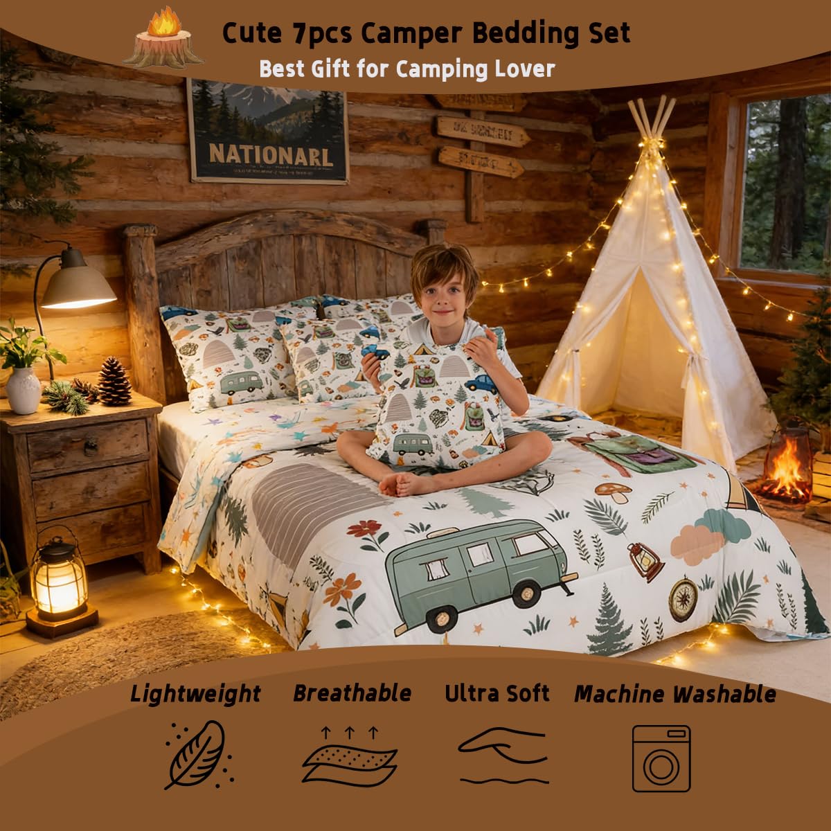 Feelyou Camper Theme Comforter Set With Sheets 7 Piece Twin Size Happy Camping Bedding Set for Kids Boys Girls Car Rv Accessories Bed in a Bag Mountain Adventure Room Decor Soft Lightweight Microfiber