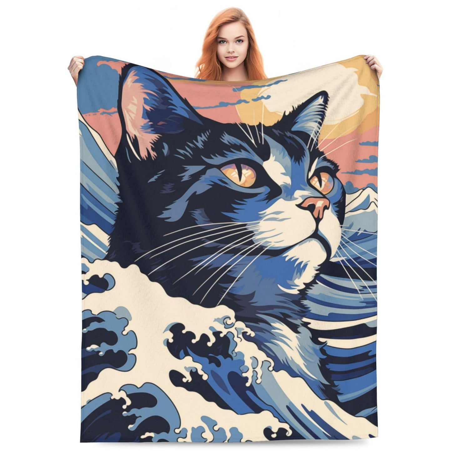 amepay Japanese Painting Cat Blanket Gifts for Cat Lovers Grils Women Kitten Wave Art Flannel Throw Blankets for Home Couch Bed Sofa Soft Fuzzy Lightweight Decor All Season 60x50 Inches