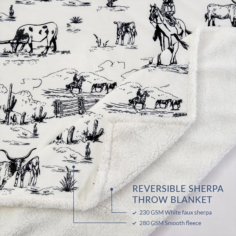 Paseo Road Indigo Hill by HiEnd Accents Ranch Life 3 Piece Sherpa Throw Blanket Set, White Black Cowboy Cow Longhorn Horse Print Fleece Throw Set, Western Rustic Style, 1 Throw and 2 Pillows