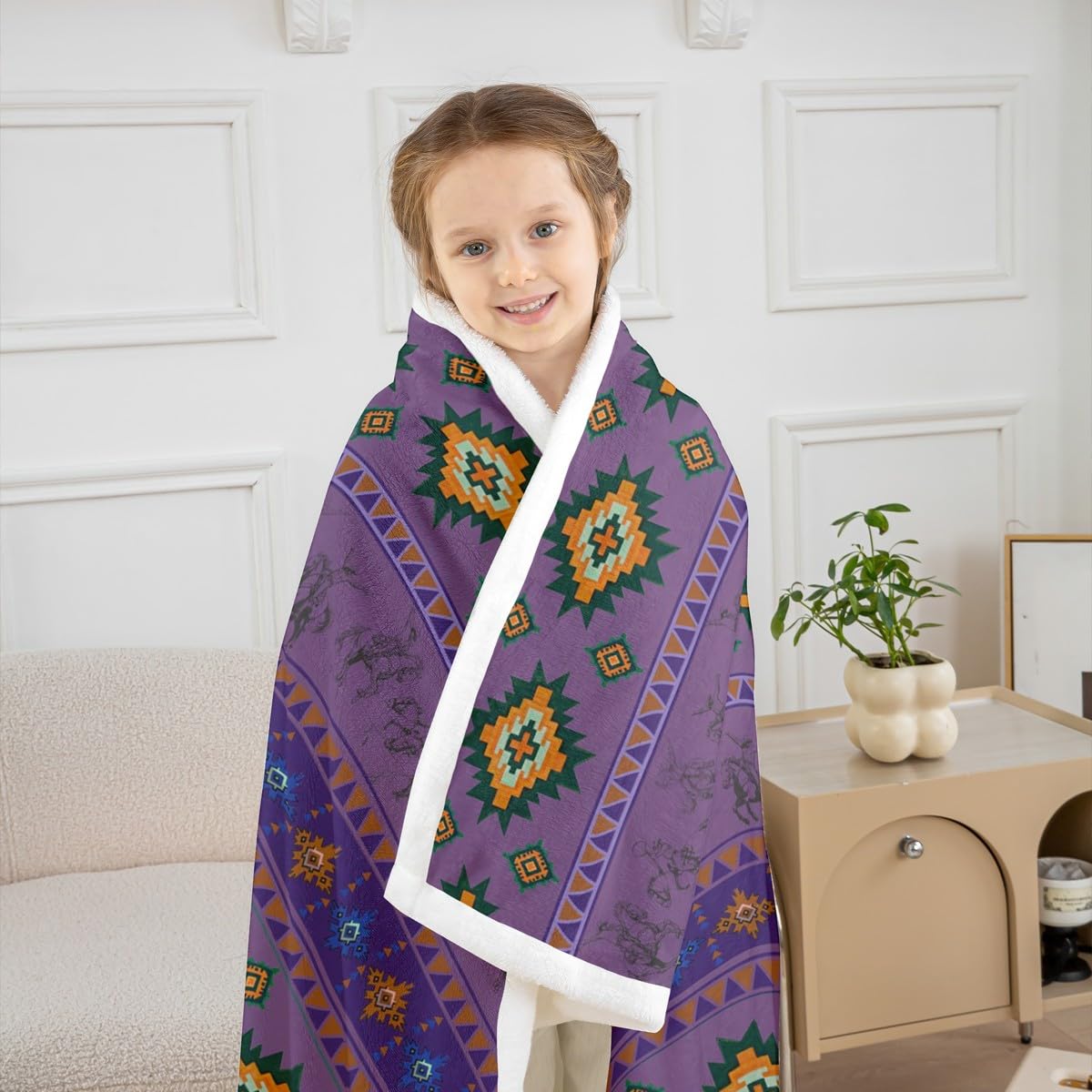 Feelyou Western Cowboy Sherpa Throw Blanket for Couch Southwestern Aztec Pattern Super Soft Cozy Fleece Horse Riding Design Blanket for Winter, Plush Throw Ranch Farmhouse 40"x50" Purple All Season