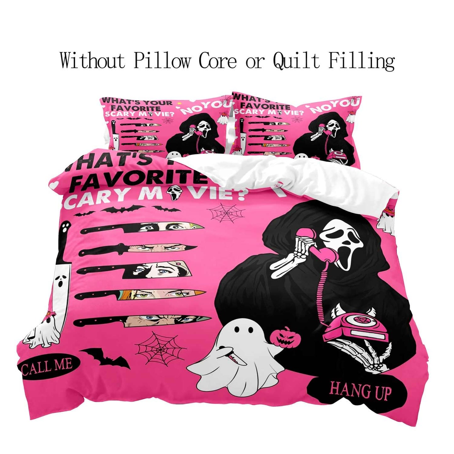 LUVIVIHOME 3PCS Funny Ghost Duvet Cover Queen Bedding Set, Hot Pink Duvet Cover, Gothic Spooky Scary Horror Scream Knife Bat Pumpkin Cobweb Halloween Comforter Quilt Cover, Bed in a Bag 2 Pillow Cases