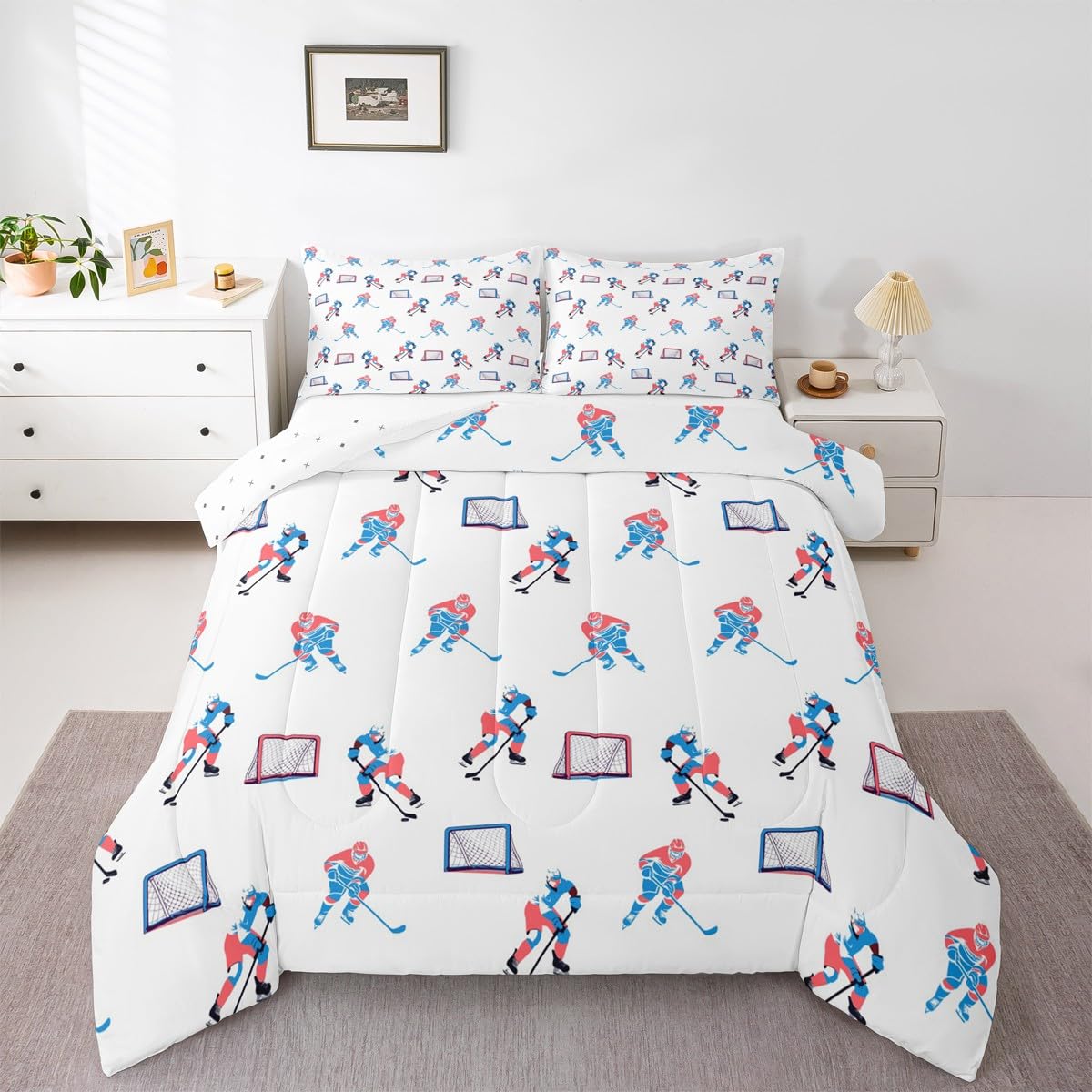 Manfei Hockey Players Kids Comforter Set Queen Size, Bedding Set,Girls Boys Room Decor,Winter Sports Games Quilt Comforter,White Blue Duvet Set Bedroom Quilt Set,2 Pillowcases