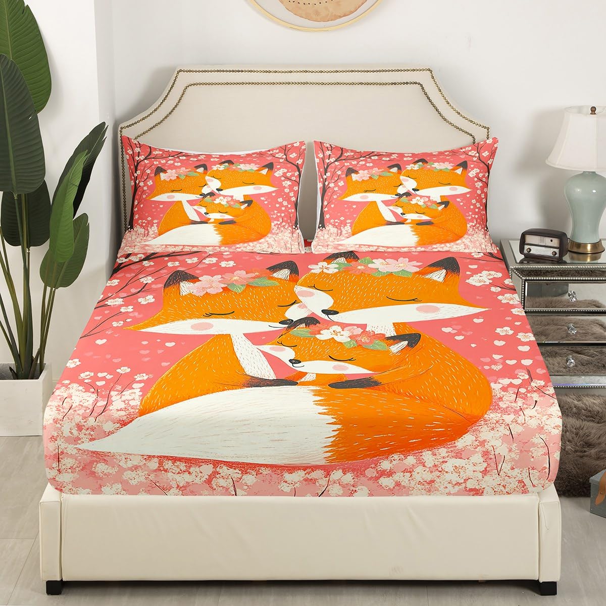 Feelyou Kids Cute Fox Bed Sheet Set Full Size, Woodland Fox Fitted Sheet Boys Girls Cartoon Animal Bedding Set Nature Wildlife Teens Bed Cover Bedroom Decor with 2 Pillow Case (No Flat Sheet)