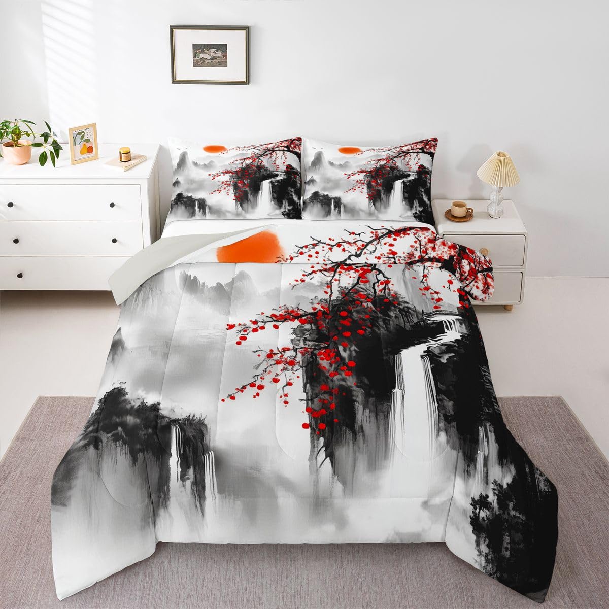 jejeloiu Chinese Ink Painting Kids Comforter Set Queen Size Cherry Blossom Bedding Set Red Sun Mountain Duvet Quilt for Kids Boys Girls Bedroom Japanese Style Decor Microfiber Ultra Soft Breathable