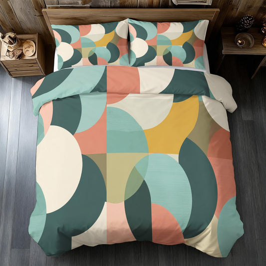 Mid Century Modern Duvet Cover Twin Size, Modern Geometry Bedding Set 2 pcs with 1 Pillow Cover, Colorful Abstract Geometric Bedroom Decor, Soft Microfiber Reversible, Zipper & Ties KJJT 15
