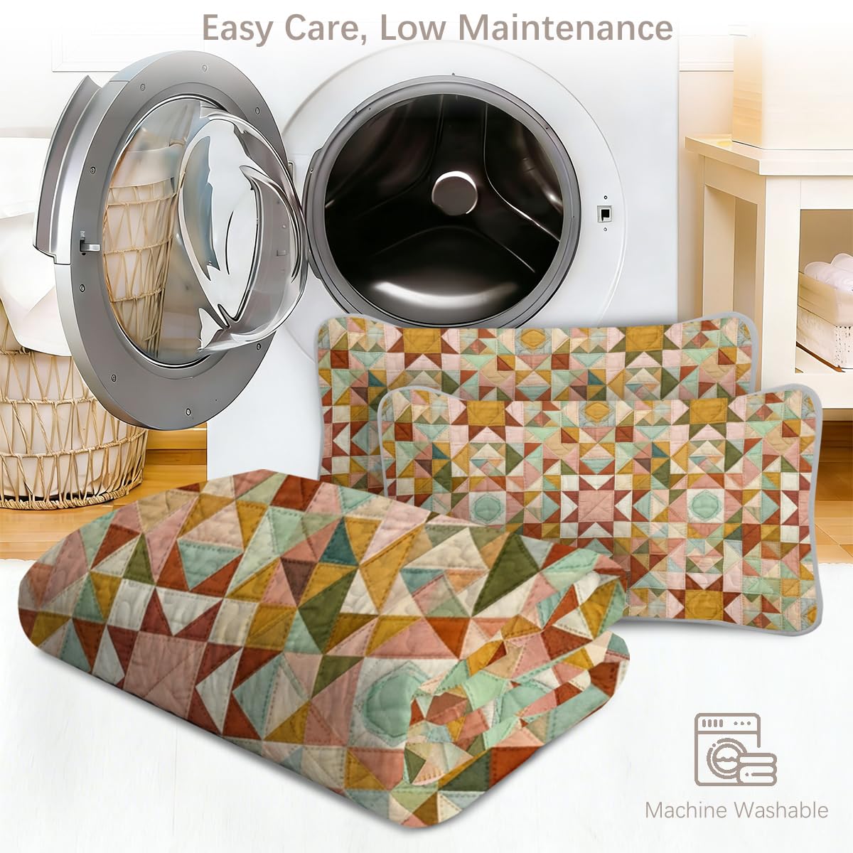 Quilt Set Rustic Geometric Star Patchwork Bedspread for Farmhouse Bedroom Decor, Soft Lightweight Microfiber Coverlet with Matching Shams, Easy Care Machine Washable, Full/Queen