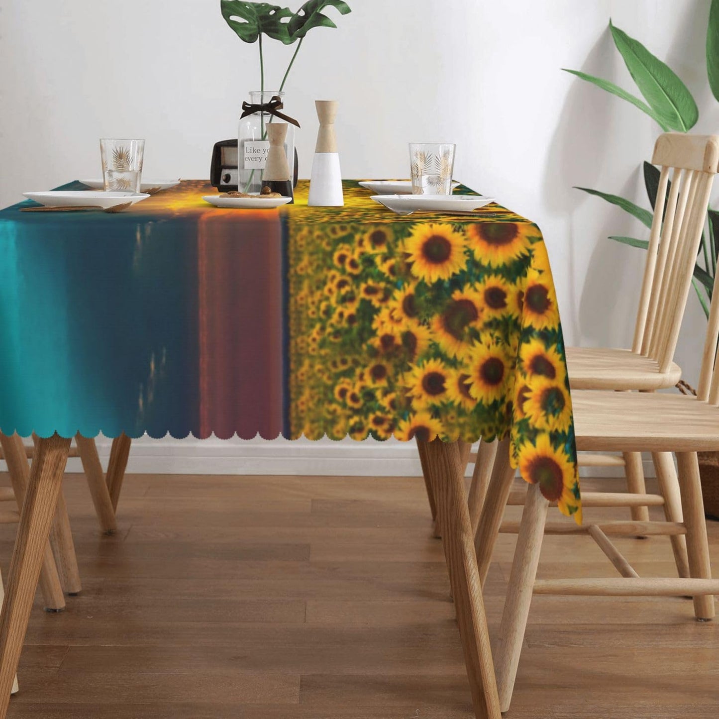 GOUROISE Sunflower Fields Rectangular Tablecloth, Sunset Sunrise 54x72 Inch Wavy Lace Border Polyester Table Cloth for Dining, Kitchen, Parties