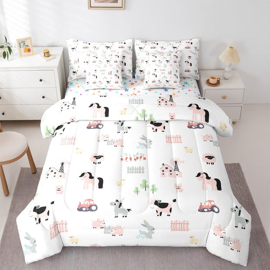 Erosebridal Cartoon Animals 7 Piece Bedding Set King Farm Comforter Set with Sheets Sheep Horse Rabbit Donkey Windmill Bed in a Bag Cow Tractor Duck Dog Pig for Kids Boys Girls