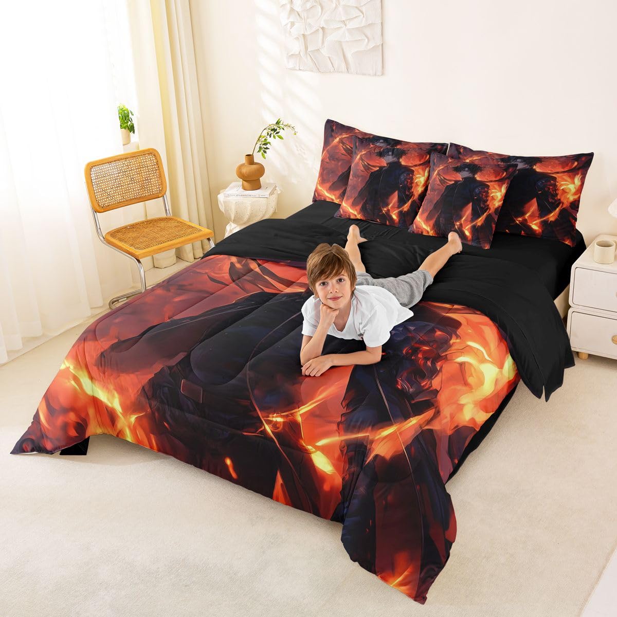 Erosebridal Anime Boy Full Comforter Set 7 Piece,Japanese Anime Bedding Set with Sheets for Boys Teen Kids,Gaming Gamer Bed Set with Fitted Sheet,Flat Sheet,Pillowcases,Throw Pillow Covers