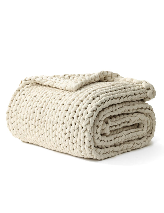 YnM Cotton Weighted Blanket, Handmade Chunky Knitted Design, Soft and Cozy, Temperature Regulating and Breathable, Machine Washable Throw for Sleep or Home Decor (Cream White, 43x50 Inch, 10lbs)