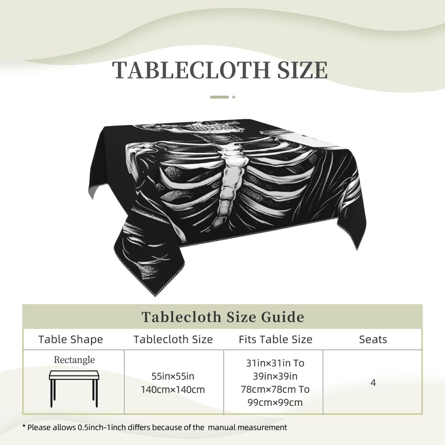 Entemne Square Table Cloth 55x55 Inch Funny Skeleton Coffee Tablecloth Washable Soft Wrinkle Free Dust Proof Card Table Cover for Tea Party Picnic Kitchen Dining Decor