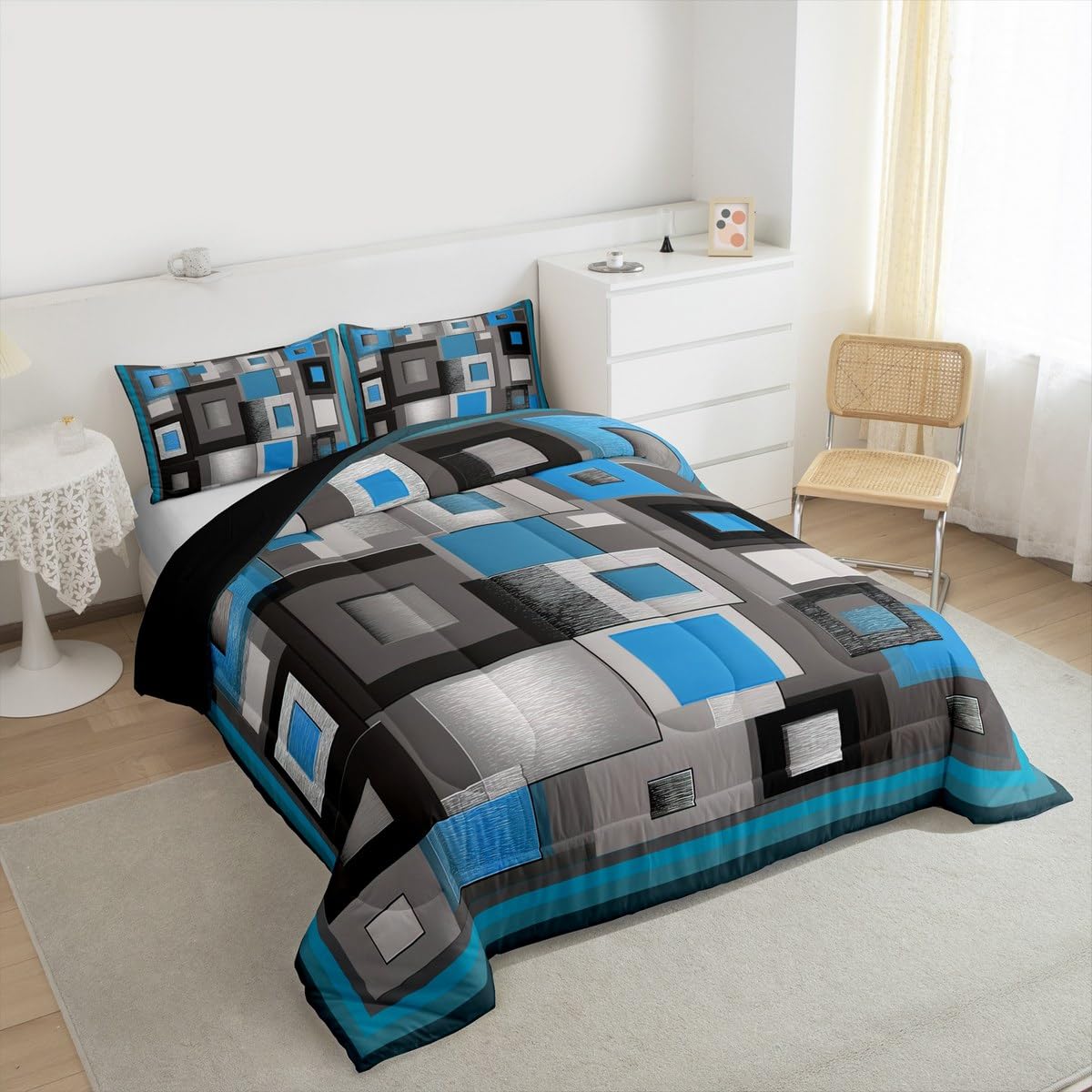 Castle Fairy Modern Comforter Set Queen Size,Blue White Gray Square Bedding Set for Kids Boys Girls Bedroom Decoration,Abstract Grid Art Bed Duvet Insert,Geometric Comforter with 2 Pillowcase