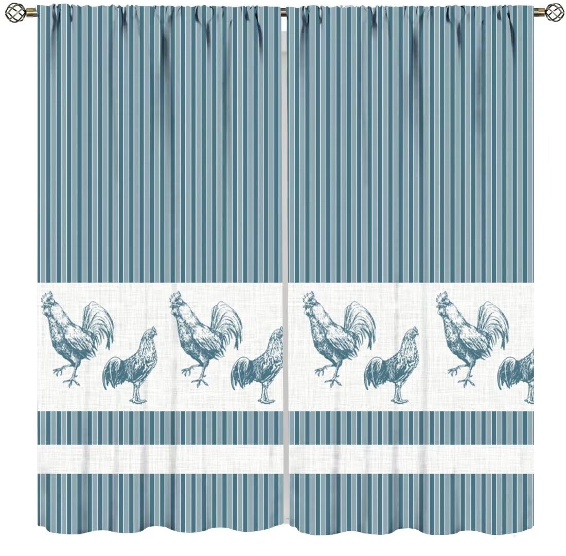 DDCBNS Chicken Kitchen Curtains,Rustic Rooster Pattern Stripe Modern Concise Design Window Treatments for Café Kitchen Rod Pocket Home Décor Drapes 2 Panel Sets Total Size 42" x 45" Blue