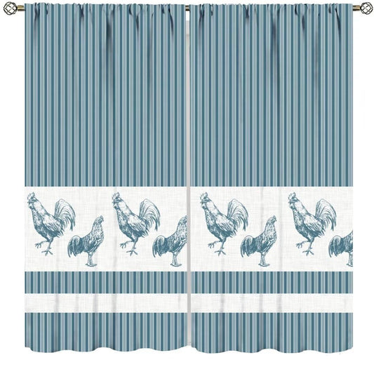 DDCBNS Chicken Kitchen Curtains,Rustic Rooster Pattern Stripe Modern Concise Design Window Treatments for Café Kitchen Rod Pocket Home Décor Drapes 2 Panel Sets Total Size 42" x 45" Blue