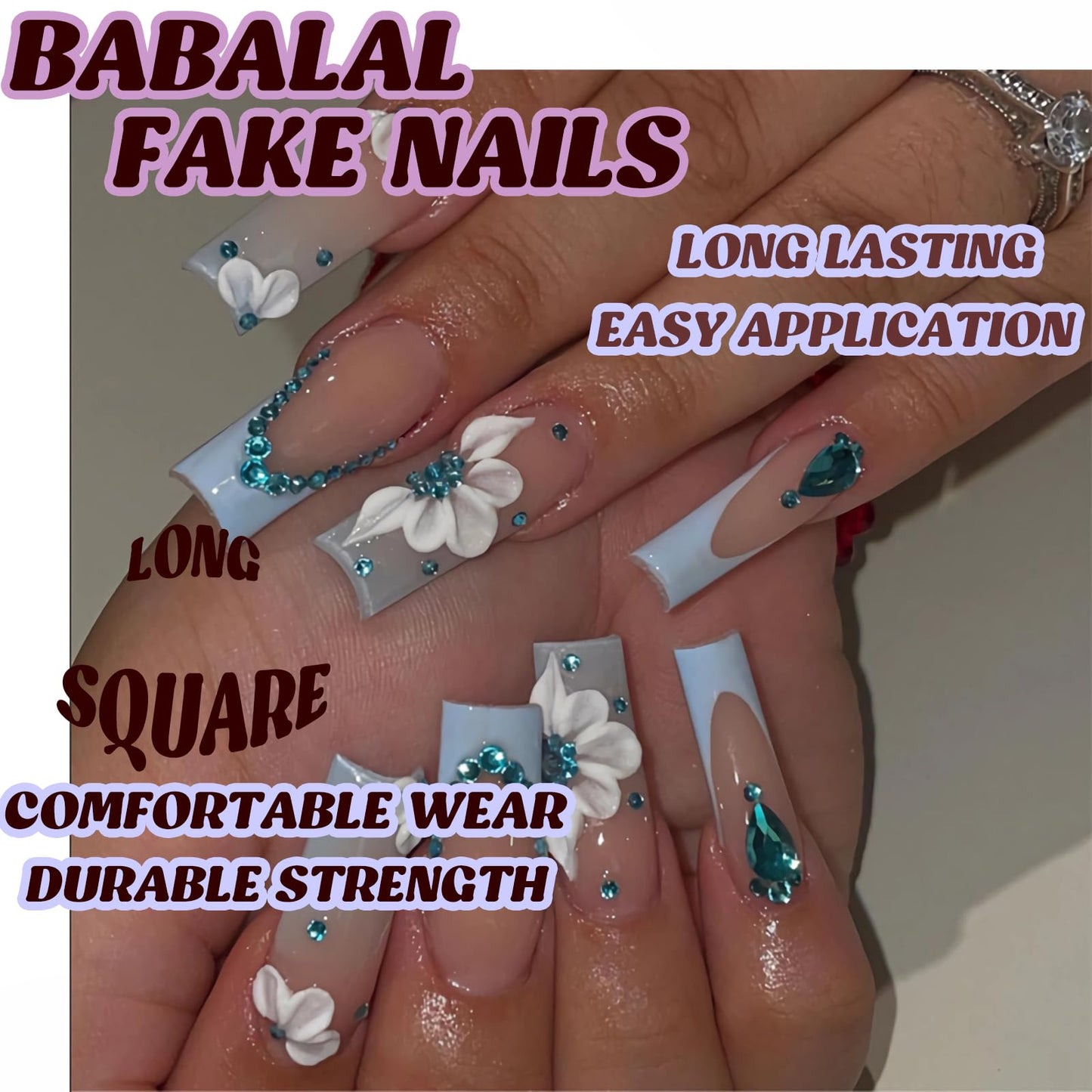 BABALAL Long Square Press on Nails - Blue French Tip Fake Nails, 3D Flower Design Bling Rhinestone Full Cover Acrylic Nails for Women and Girls, 24Pcs