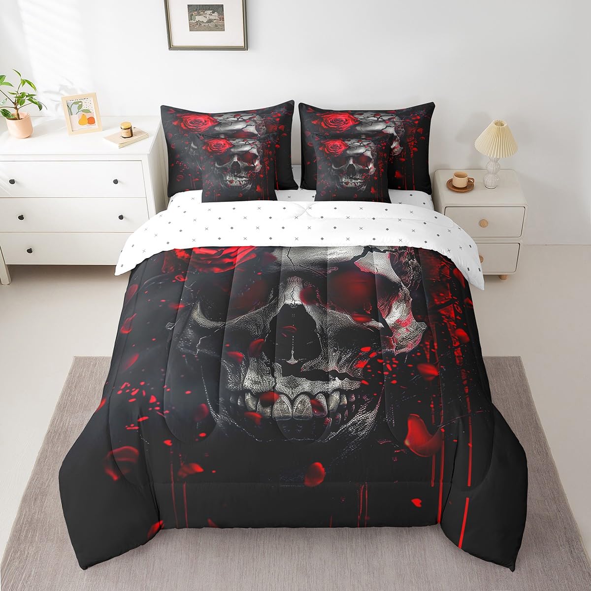 7 Pieces Twin Size Gothic Skeleton Comforter Set,Tie-dye Graffiti Rose Flower Bedding Set for Boys Girls,Trippy Skull Halloween Theme (Comforter+Fitted+Flat Sheet+2 Pillowcases+2 Throw Pillow Covers)