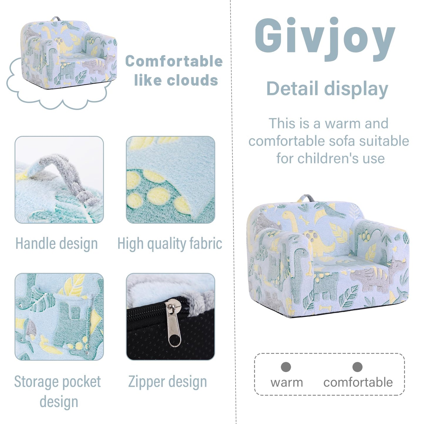 Givjoy Toddler Chair Plush Kids Couch, Comfy Glow in The Dark Dinosaur Chair with Removable and Washable Cover Carrying Handle Kids Sofa, Convertible Toddler Couch for Playroom Girls and Boys Green